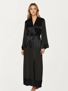 Anna-Kaci Women's Long Satin Robe with Tie Waist Belt and Wide Cuff Sleeves.